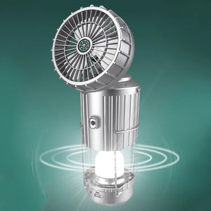 Silver solar lantern with a fan head on top, glowing white, wire handle down the sides