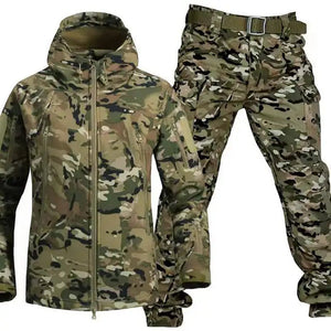 TrailShell hooded jacket in multi-color camo shown with matching camo cargo pants and belt