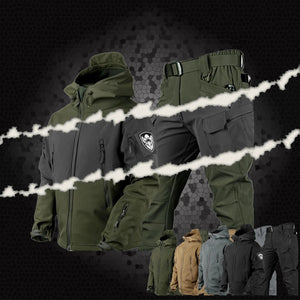 Green and gray TrailShell jacket and pants collage with a torn-paper graphic and a row of five colors