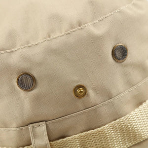 Close-up of two screened air vents and a brass snap on the TactShield sun hat crown