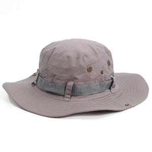 Light gray sun hat with a gray webbing band and brass vents