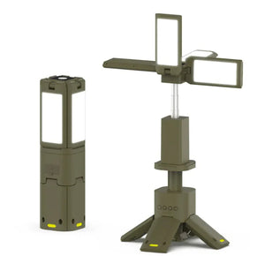 Green telescopic camping light shown folded, and open on its tripod with four light panels spread out
