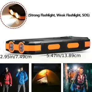 Orange solar power bank end view with two flashlights and size marks 5.47 x 2.95 in (older model)