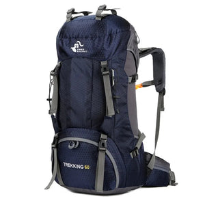 Deep blue 60L hiking backpack side view with chest strap and hip belt