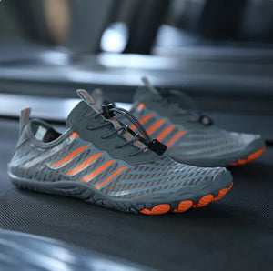Elite Fusion 7 barefoot shoes in moon gray with orange stripes