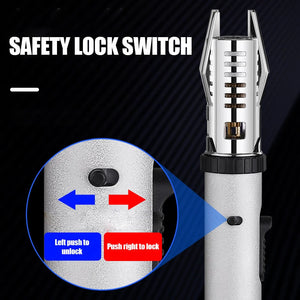 Silver torch lighter with a close-up of the slide lock switch: left to unlock, right to lock