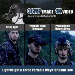 NightHawk 3D goggles worn three ways: on a neck strap, on a head strap and on a helmet; text reads 36MP image, 4K video