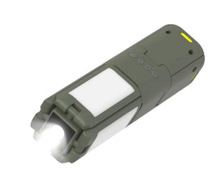 Green camping light folded shut with the flashlight on its end lit and the control buttons on the side