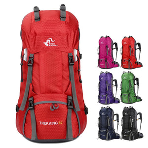Red 60L hiking backpack front view, with small photos of all six colors