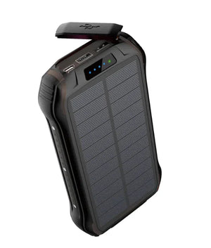 Solar power bank in all black, port cover open above the solar panel