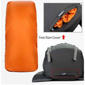 Orange rain cover for the 75L backpack, and the bottom zip pocket marked COVER where it is stored
