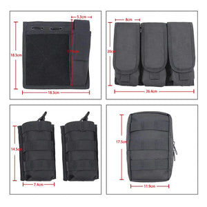 TrailGuardian vest pouches with sizes: chest panel, triple front pouch, two side pouches and a zip pouch