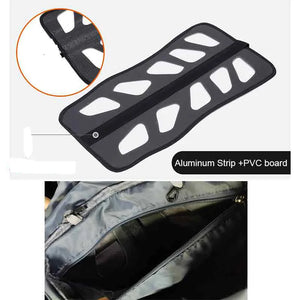Back support board of the 75L backpack: aluminum strip and PVC board, with the zip pocket inside
