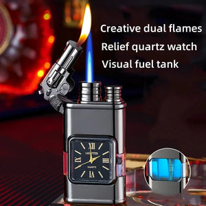 Dark silver FlameGuard lighter with revolver-shaped lid, yellow and blue flames, quartz watch and clear fuel window