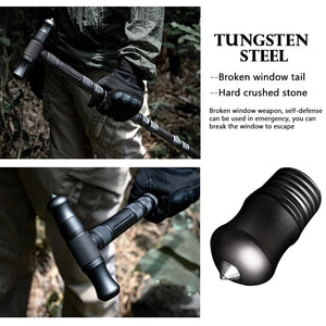 Hiker holding the T-handle trekking pole, with glass-breaker tip close-up