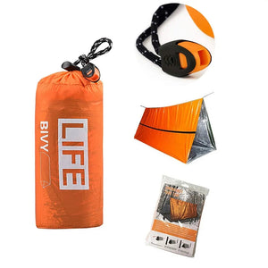 Orange stuff sack, whistle on a rope, orange tube tent with silver inside, and the retail pack