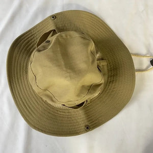 Khaki sun hat seen from above, with the chin cord to the side