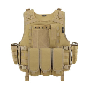 Tan TrailGuardian MOLLE vest, front view, with a chest panel, three front pouches and two side pouches