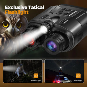 NightScope night vision binoculars with the front flashlight on and an owl behind; photos show steady and SOS light