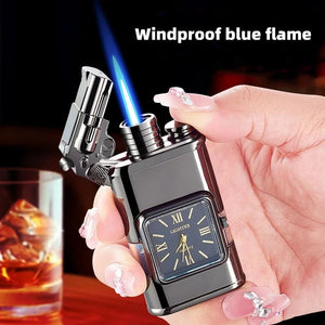 Hand holding a dark silver lighter with a revolver-shaped lid, blue jet flame and quartz watch face