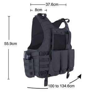Black MOLLE vest with sizes: 55.9 cm tall, 37.6 cm wide, 8 cm straps, fits 100 to 134.6 cm around