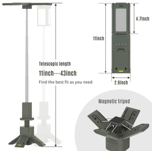 Green light size chart: pole 11 to 43 inches, body 11 x 2.9 inches, 4.7-inch panels, magnetic tripod