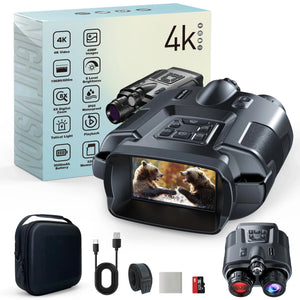 NightScope binoculars with a rear screen, the box, a carry case, Type-C cable, neck strap, cloth and 32 GB card