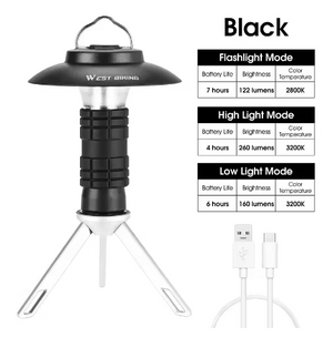Matte black mini lantern on its tripod with a mode chart and a Type-C charging cable