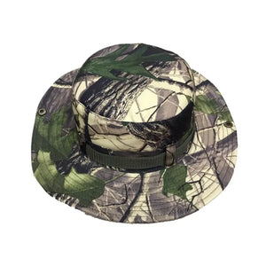 Green leaf and tree camo sun hat seen from the front