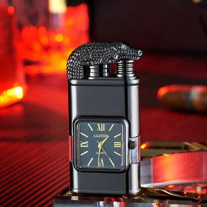 Black lighter with a crocodile lid and black quartz watch face