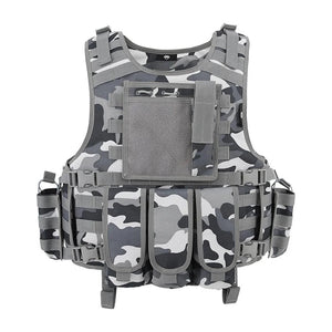 Gray, white and black urban camo MOLLE vest, front view