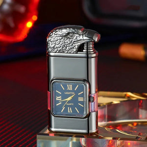 Dark silver lighter with an eagle head lid and black quartz watch face