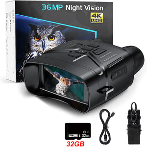 Black night vision binoculars with owl on screen, box, 32GB card, USB cable and strap