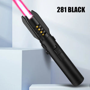 Smooth black jet torch lighter with gold rings on the head, flame lit