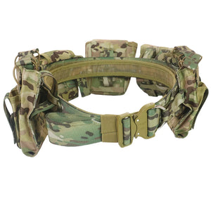 Camo Always Ready gear belt with all pouches on, shown from the buckle side