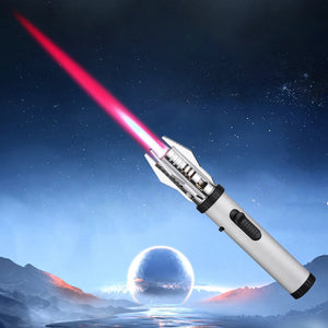 Frosted silver jet torch lighter with a pink-red flame against a night sky