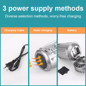 Three ways to power it: a plug-in cable, the solar panel, and a battery box under a cover
