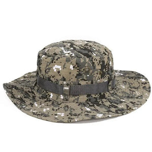 Gray and tan digital camo sun hat with a gray webbing band
