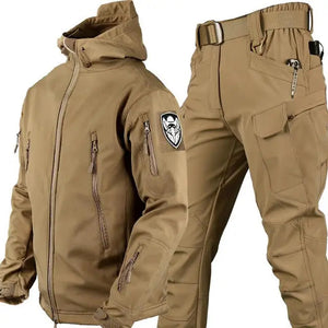 TrailShell hooded jacket in khaki with fleece-lined collar, shown with khaki cargo pants