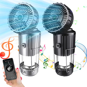 Silver and black lanterns with fan heads, music notes and a hand holding a phone