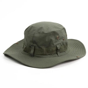 Olive green sun hat with a matching webbing band and brass vents