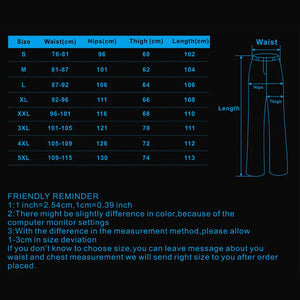 Cargo pants size chart in cm for sizes S to 5XL: waist, hips, thigh and length