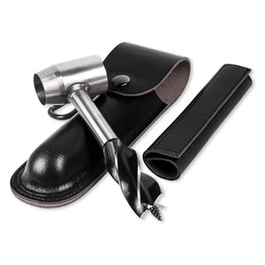 Bushcraft hand auger with black sheath and grip sleeve