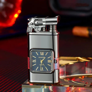 Dark silver lighter with a revolver-shaped lid and quartz watch on a glass stand