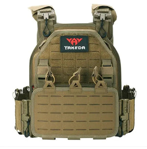 Khaki vest, front view, with laser-cut panels, cord loops and side straps