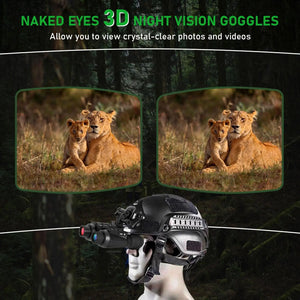 Two matching lion photos, one per eye, above the NightHawk 3D goggles mounted on a helmet on a mannequin head