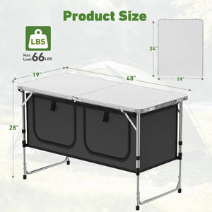 EasyStore folding table size: 48 x 19 in top, 28 in tall, folds to 24 x 19 in, 66 lb max load