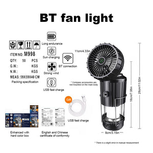 Size sheet: 28 cm tall with fan, 18 cm body, 8 cm wide, 11 cm fan; USB cable; factory box