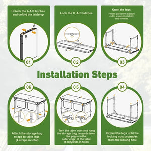 Six setup steps: unlatch, unfold, lock, open legs, extend legs, hang the storage cabinet