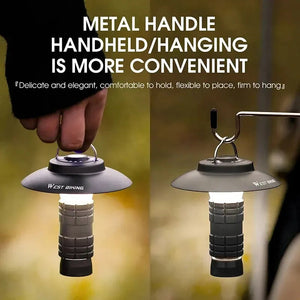 Hand carrying the lantern by its metal handle, and the lantern hanging from a camp hook